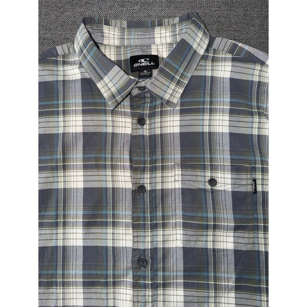 O'Neill Plaid Button Up Shirt Men's M Gray Blue Short‎ Sleeve Standard Fit
